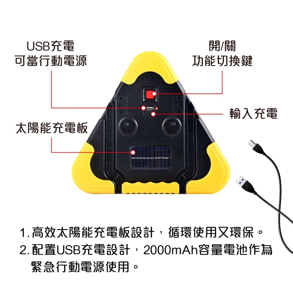 台灣現貨➣ 太陽能 三角警示燈 夜間警示 停車 車禍 遠方告示 三角 大燈 高速公路 平面道路 緊急電源 充電-細節圖4