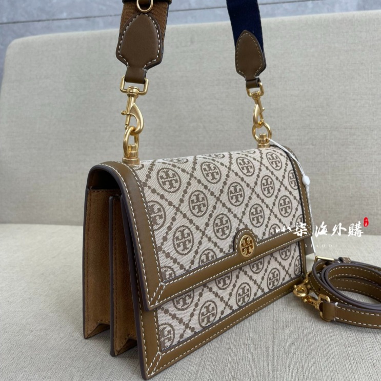 Tory Burch/湯麗柏琦 TB女包 T MONOGRAM  帆布刺繡印花肩背包 單肩包 風琴包 2條肩帶-細節圖3