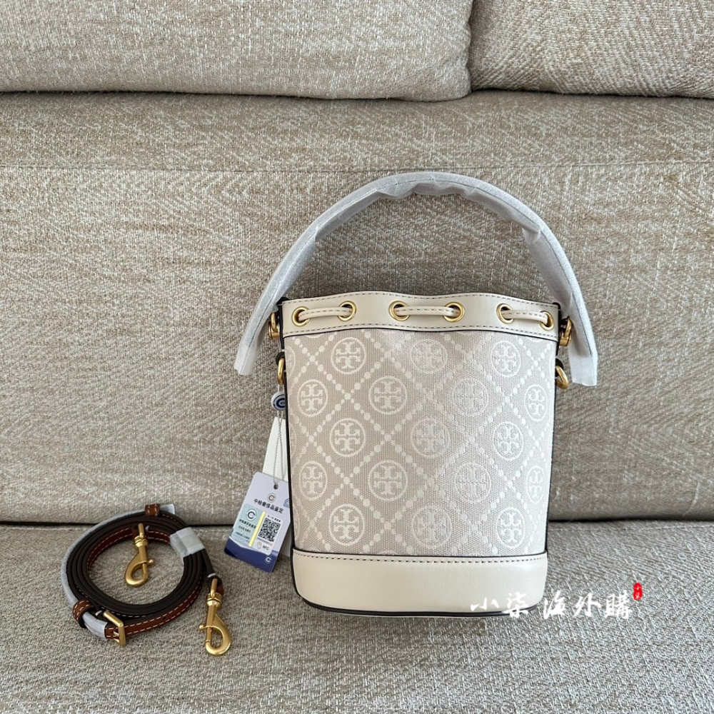 實物拍攝 海外購 TORY BURCH TB 專櫃款 迷你 深藍 印花 T MONOGRAM 水桶包 側背包 TB女包-細節圖2