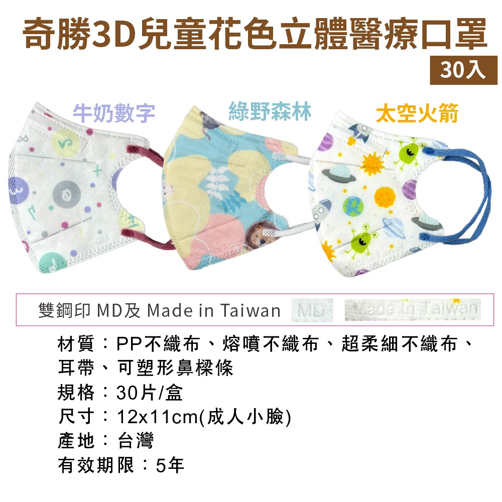 奇勝 3D兒童花色立體醫療口罩30入 台灣製 兒童醫療口罩 兒童口罩 立體口罩 幼兒口罩 幼幼口罩-細節圖6