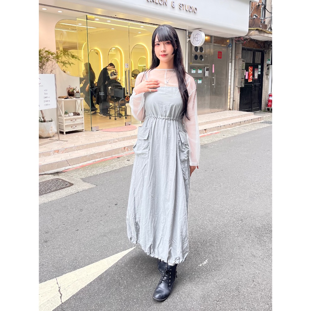 收腰花苞工裝連身裙-細節圖4