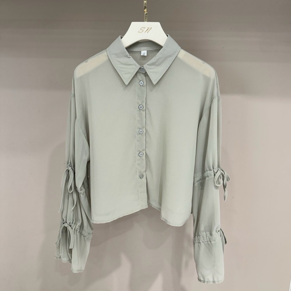 抽繩喇叭袖透膚短版襯衫-細節圖2