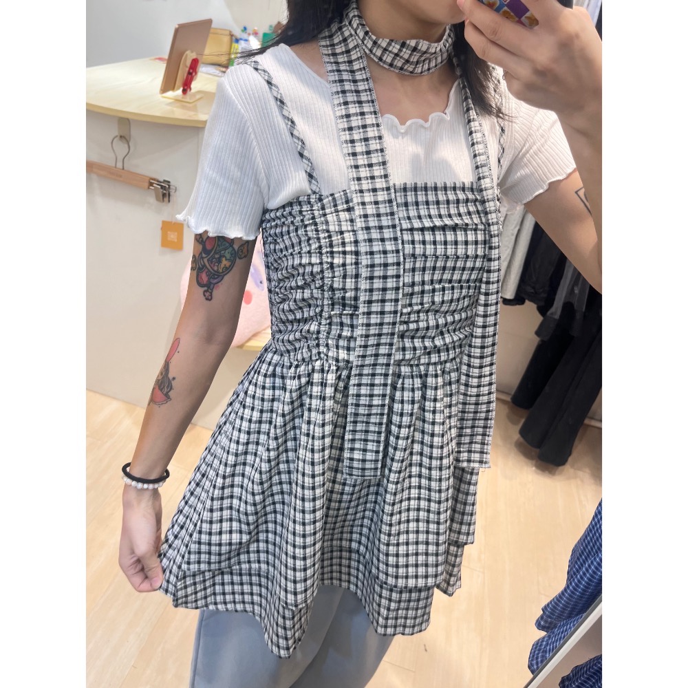 小辣妹格紋系帶背心（不含內搭）-細節圖2