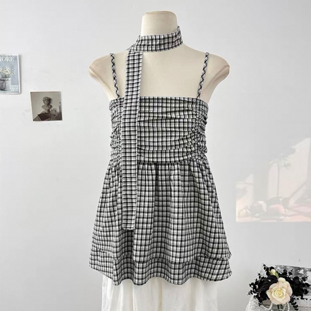 小辣妹格紋系帶背心（不含內搭）-細節圖5