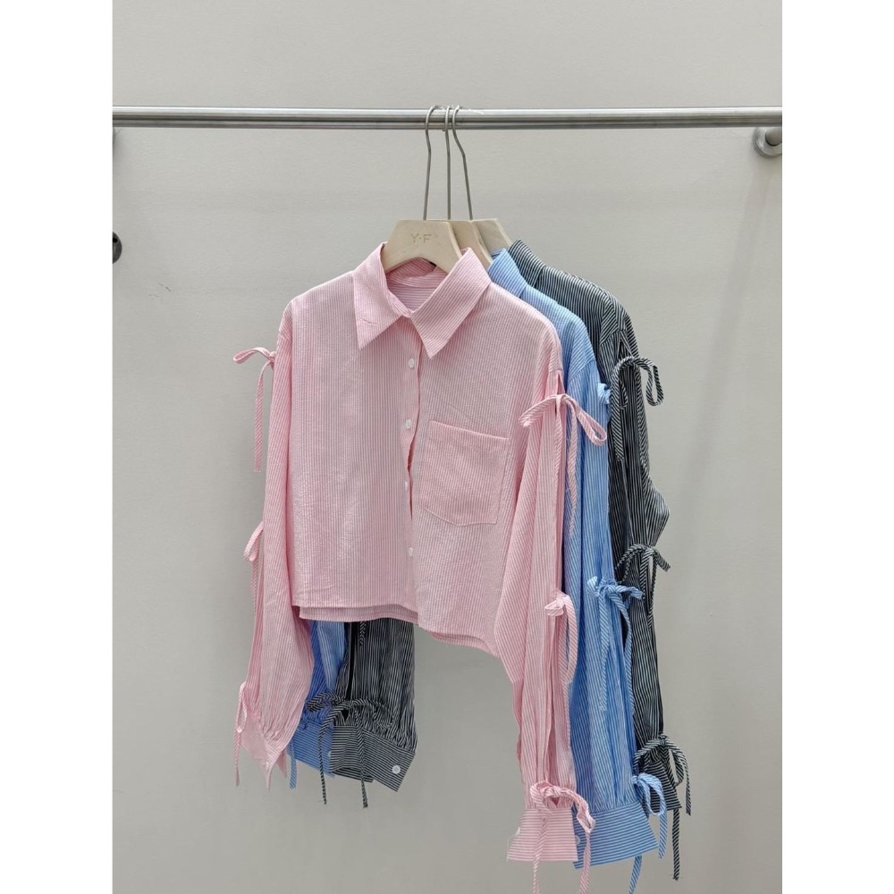 條紋蝴蝶結袖襯衫-細節圖2