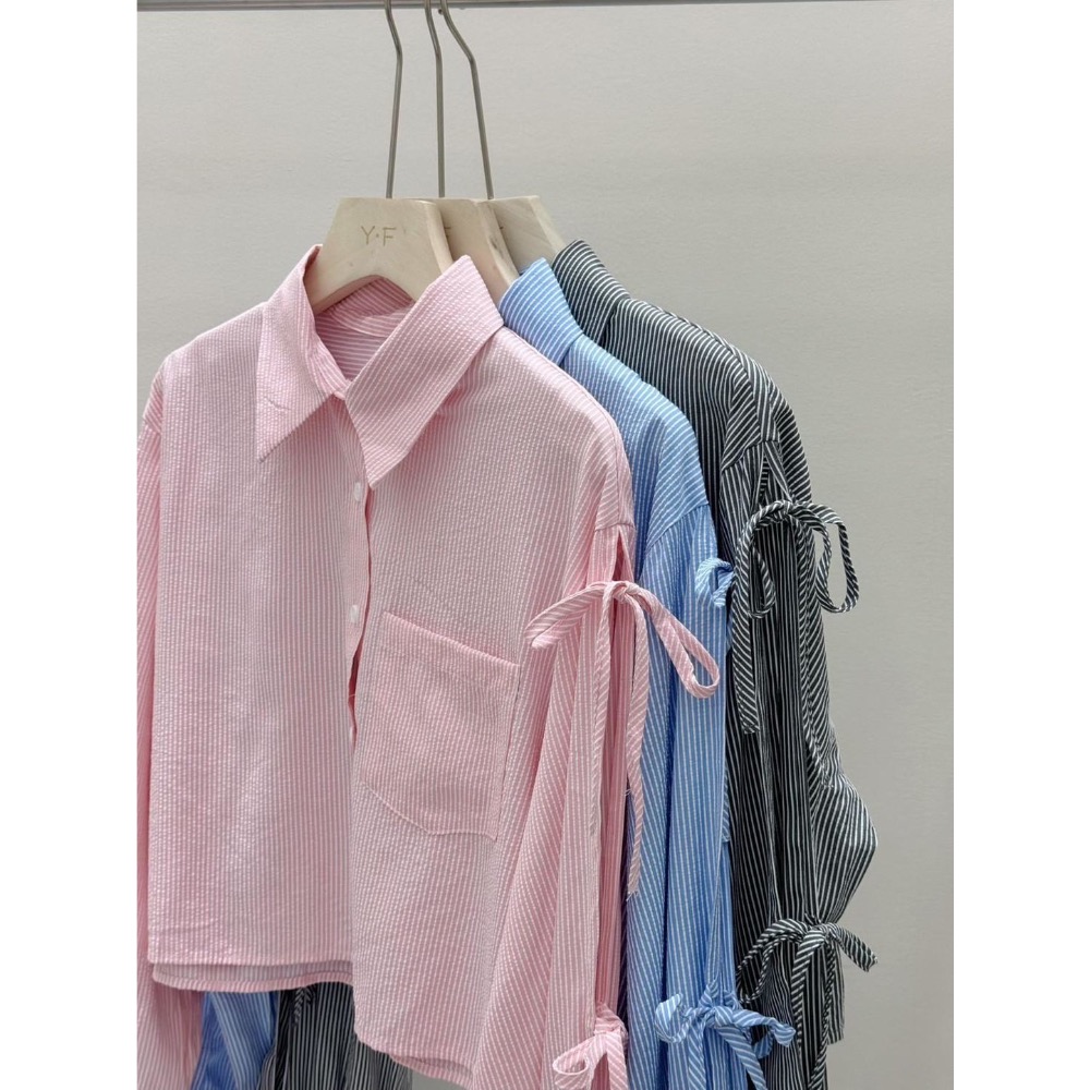 條紋蝴蝶結袖襯衫-細節圖3