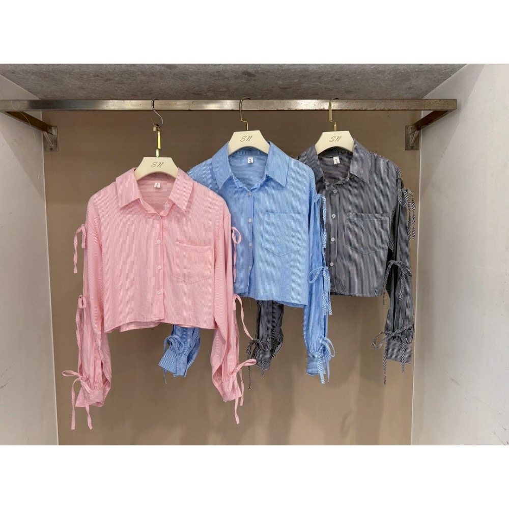 條紋蝴蝶結袖襯衫-細節圖4