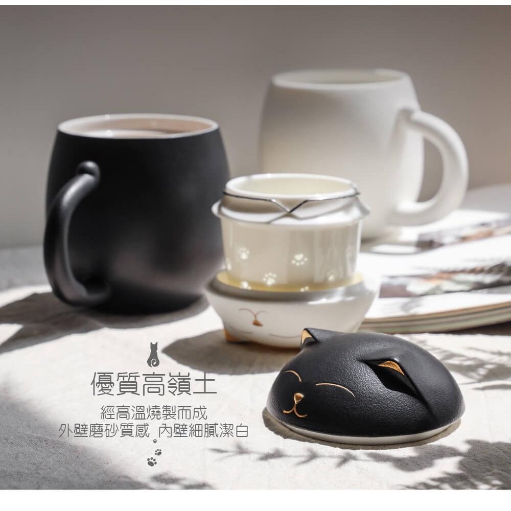 【澄韻堂】現貨, 宜龍陶瓷茶具- 幸福貓杯組(附茶濾)-黑/白(390ml), 含旅行收納包, 隨身茶杯/馬克杯-細節圖2