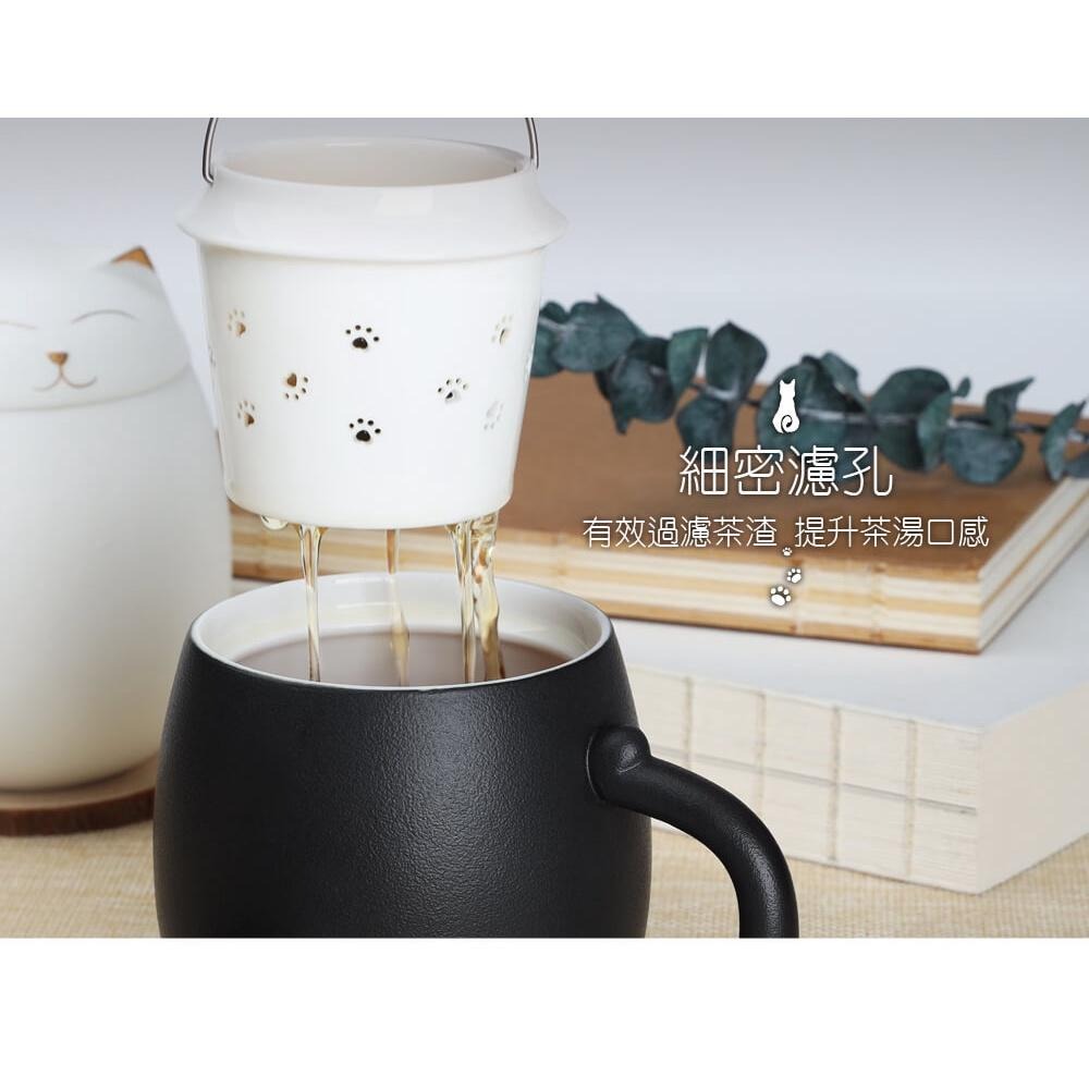 【澄韻堂】現貨, 宜龍陶瓷茶具- 幸福貓杯組(附茶濾)-黑/白(390ml), 含旅行收納包, 隨身茶杯/馬克杯-細節圖6