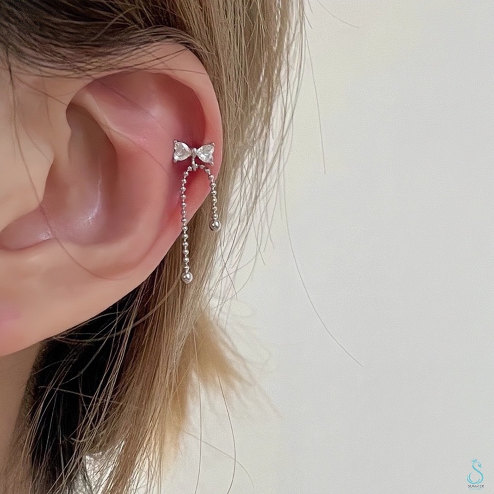 SUMMER 銀飾💫［925純銀］韓系蝴蝶結垂鏈 鎖珠式耳環 純銀耳環-細節圖3