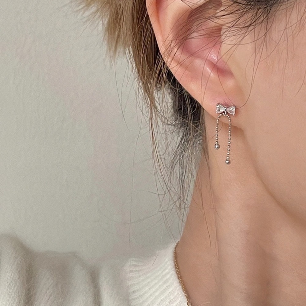 SUMMER 銀飾💫［925純銀］韓系蝴蝶結垂鏈 鎖珠式耳環 純銀耳環-細節圖8