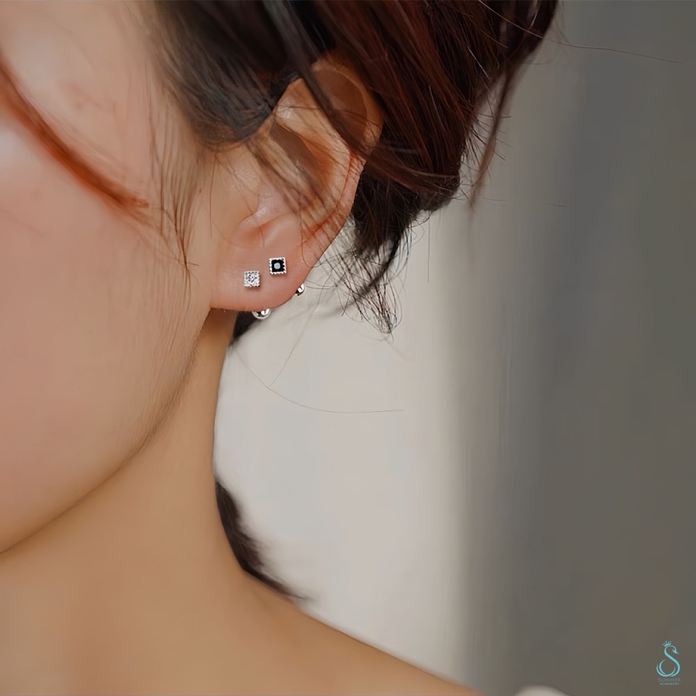 SUMMER 銀飾💫［925純銀］迷你方鑽 小方黑/白鑽 耳針式&鎖珠式耳環 純銀耳環-細節圖6