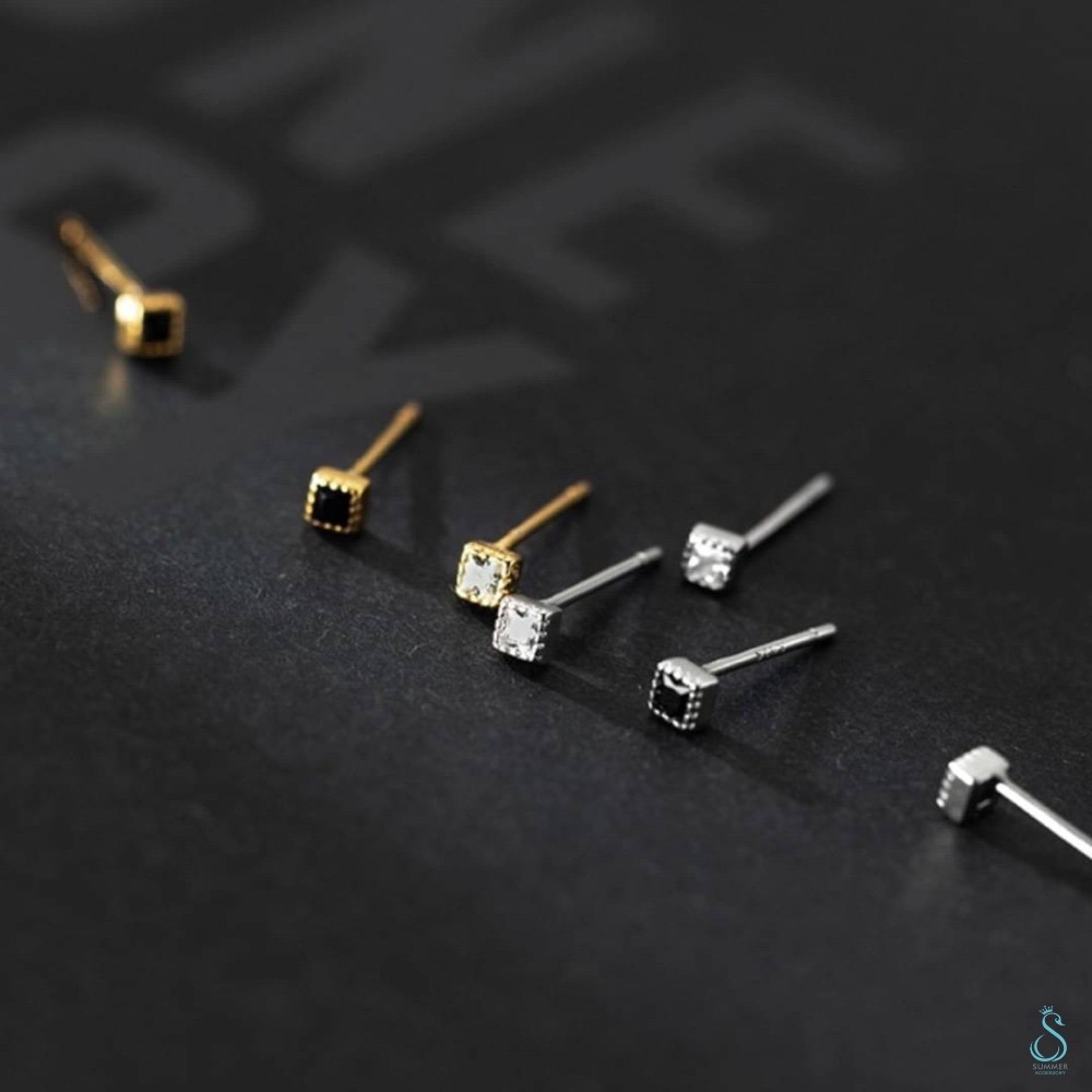 SUMMER 銀飾💫［925純銀］迷你方鑽 小方黑/白鑽 耳針式&鎖珠式耳環 純銀耳環-細節圖8