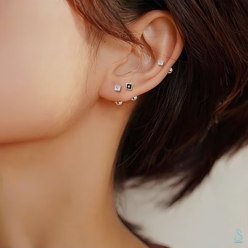 SUMMER 銀飾💫［925純銀］迷你方鑽 小方黑/白鑽 耳針式&鎖珠式耳環 純銀耳環-細節圖2