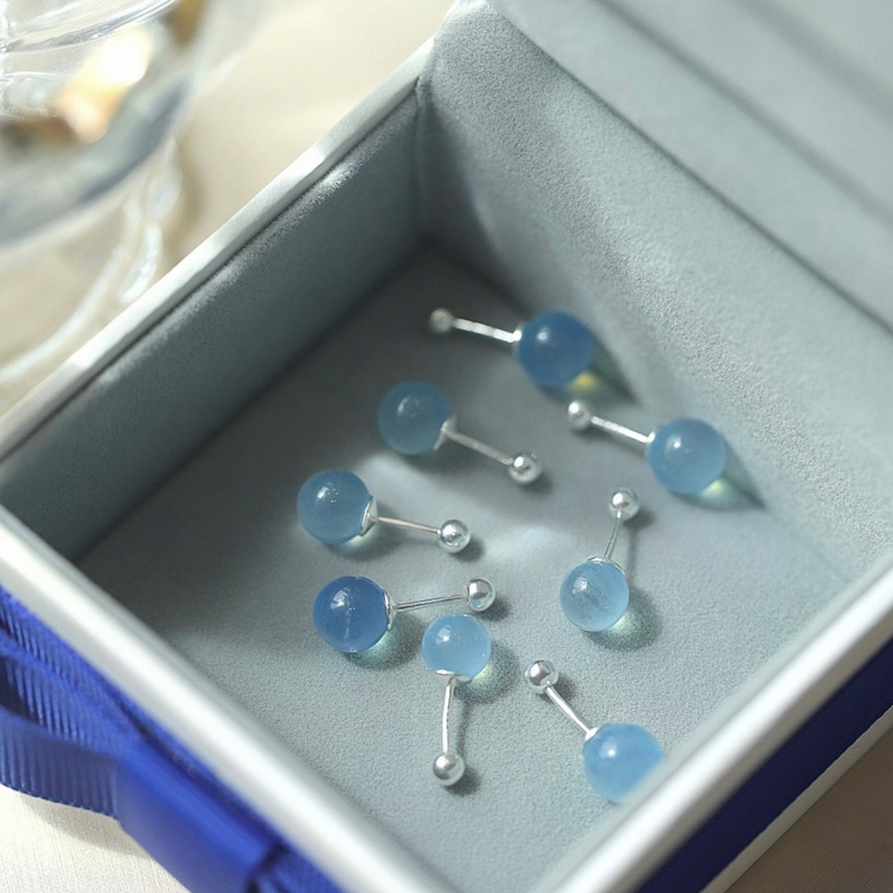 SUMMER 銀飾💫［S999足銀］幸運之石 天然海藍寶螺紋轉珠耳環 鎖珠式耳環 純銀耳環-細節圖2