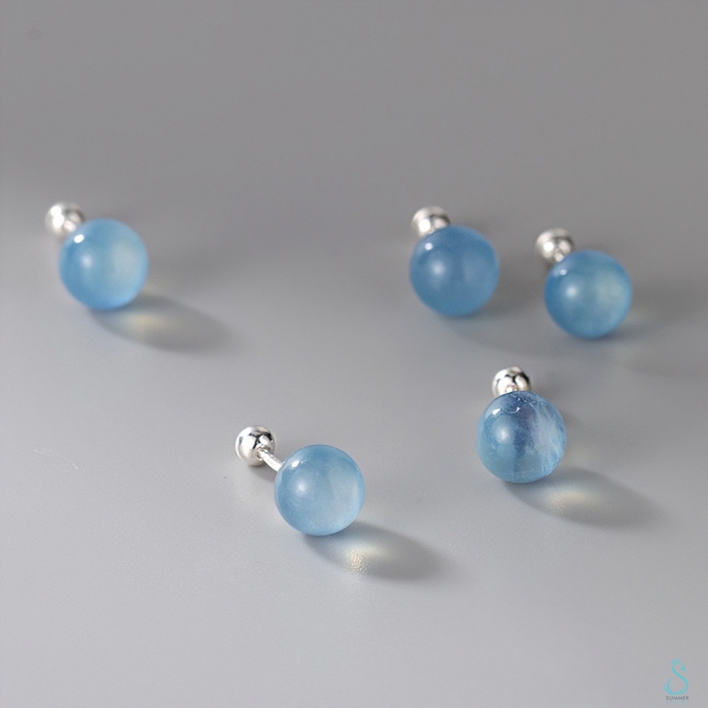 SUMMER 銀飾💫［S999足銀］幸運之石 天然海藍寶螺紋轉珠耳環 鎖珠式耳環 純銀耳環-細節圖4