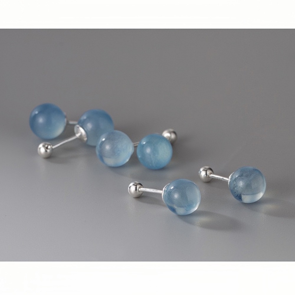 SUMMER 銀飾💫［S999足銀］幸運之石 天然海藍寶螺紋轉珠耳環 鎖珠式耳環 純銀耳環-細節圖8