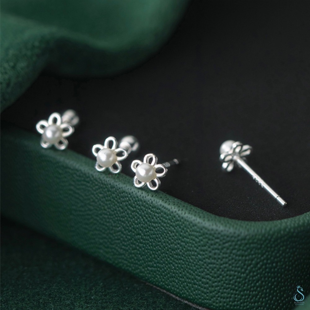 SUMMER 銀飾💫［925純銀］珍珠花朵鎖珠式耳環 純銀耳環-細節圖3