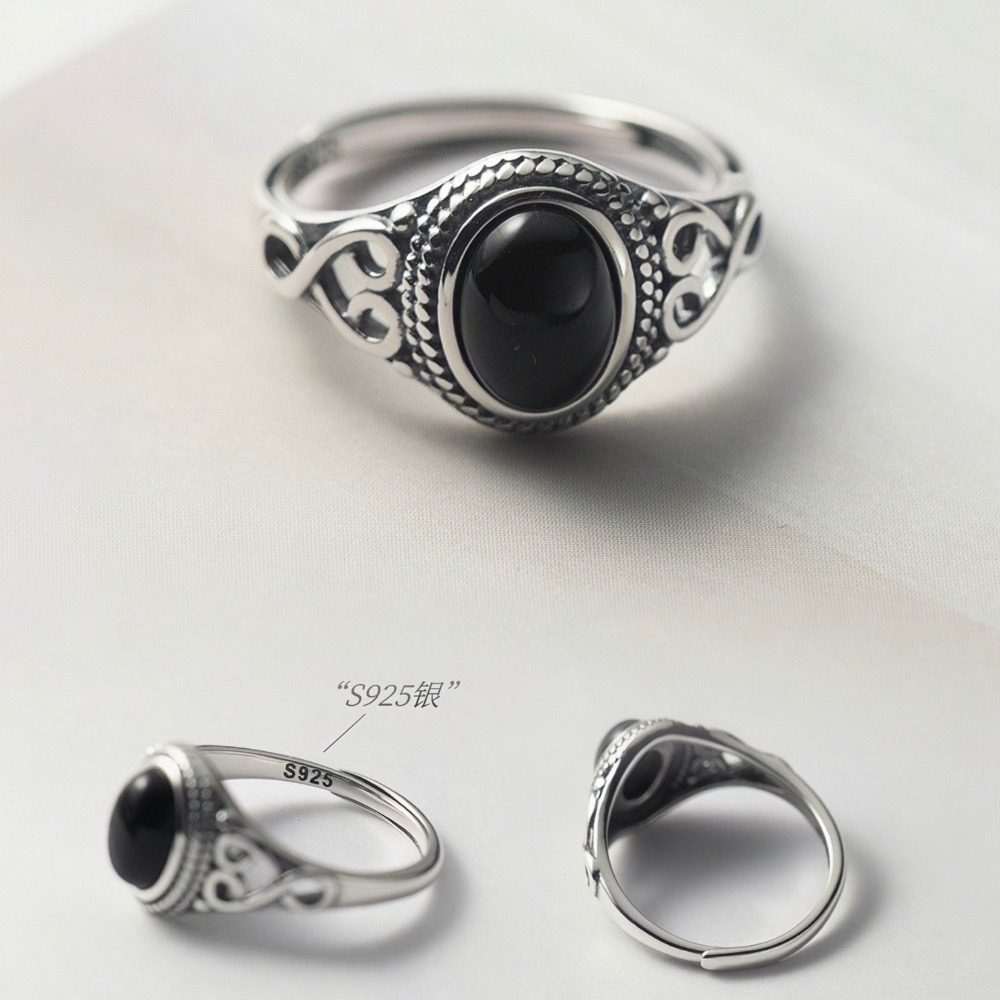 SUMMER韓 銀飾💫［925純銀］復古黑瑪戒 純銀戒指-細節圖8