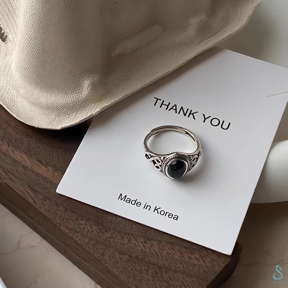 SUMMER韓 銀飾💫［925純銀］復古黑瑪戒 純銀戒指-細節圖5