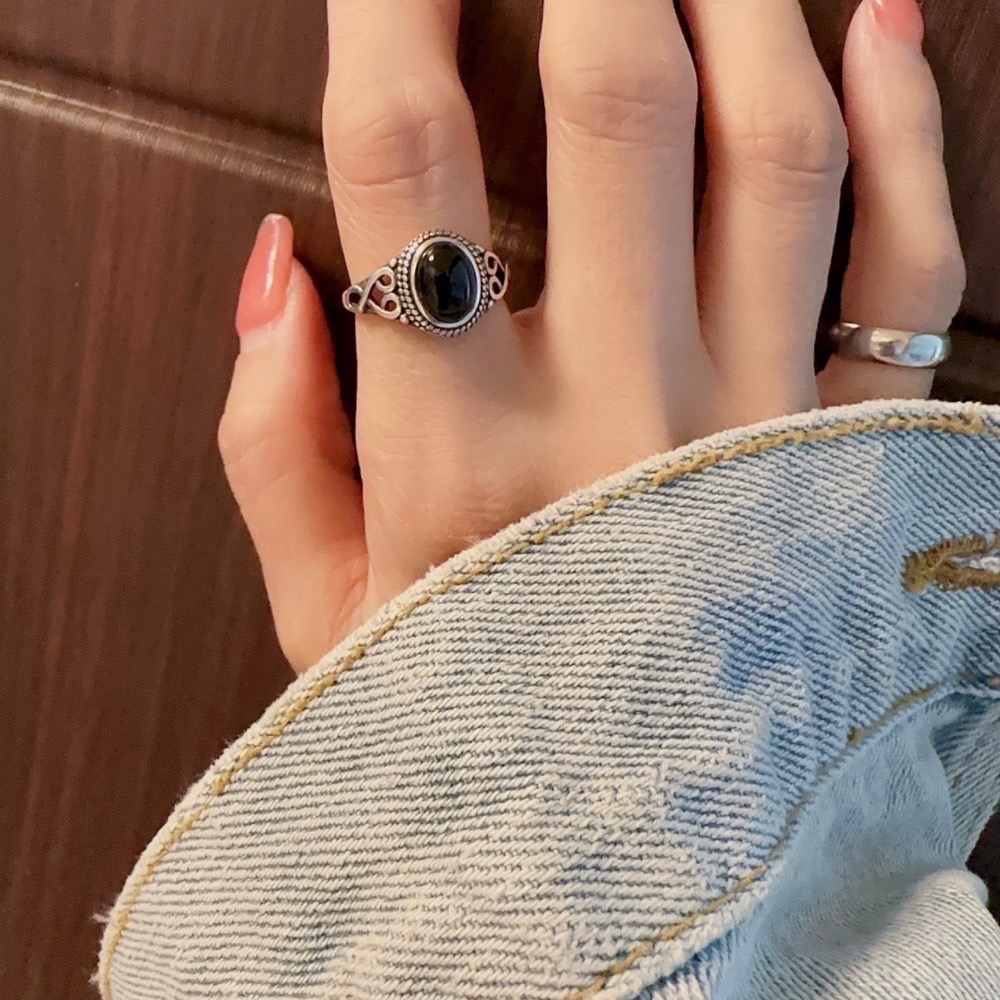 SUMMER韓 銀飾💫［925純銀］復古黑瑪戒 純銀戒指-細節圖6