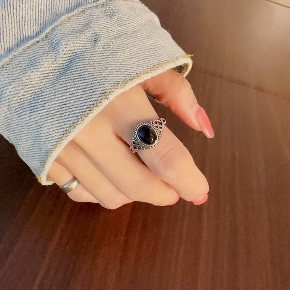 SUMMER韓 銀飾💫［925純銀］復古黑瑪戒 純銀戒指-細節圖7