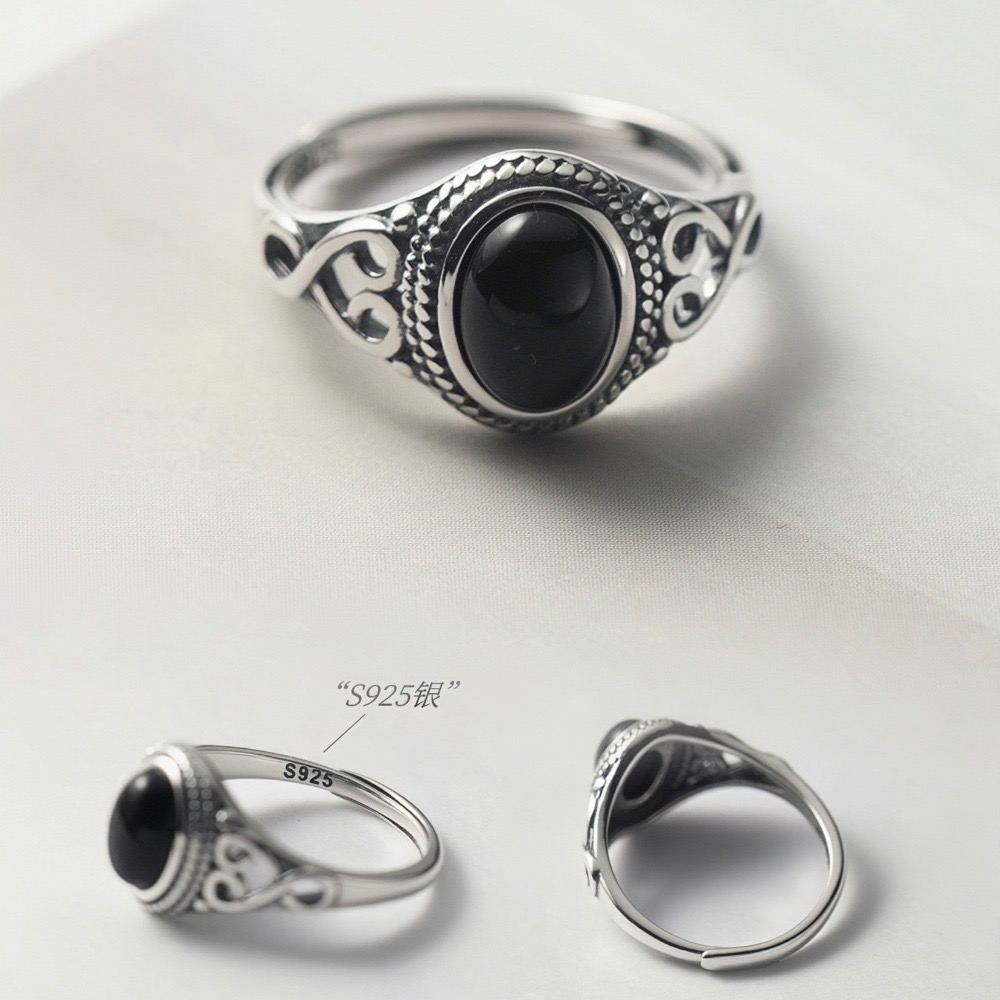 SUMMER韓 銀飾💫［925純銀］復古黑瑪戒 純銀戒指-細節圖8