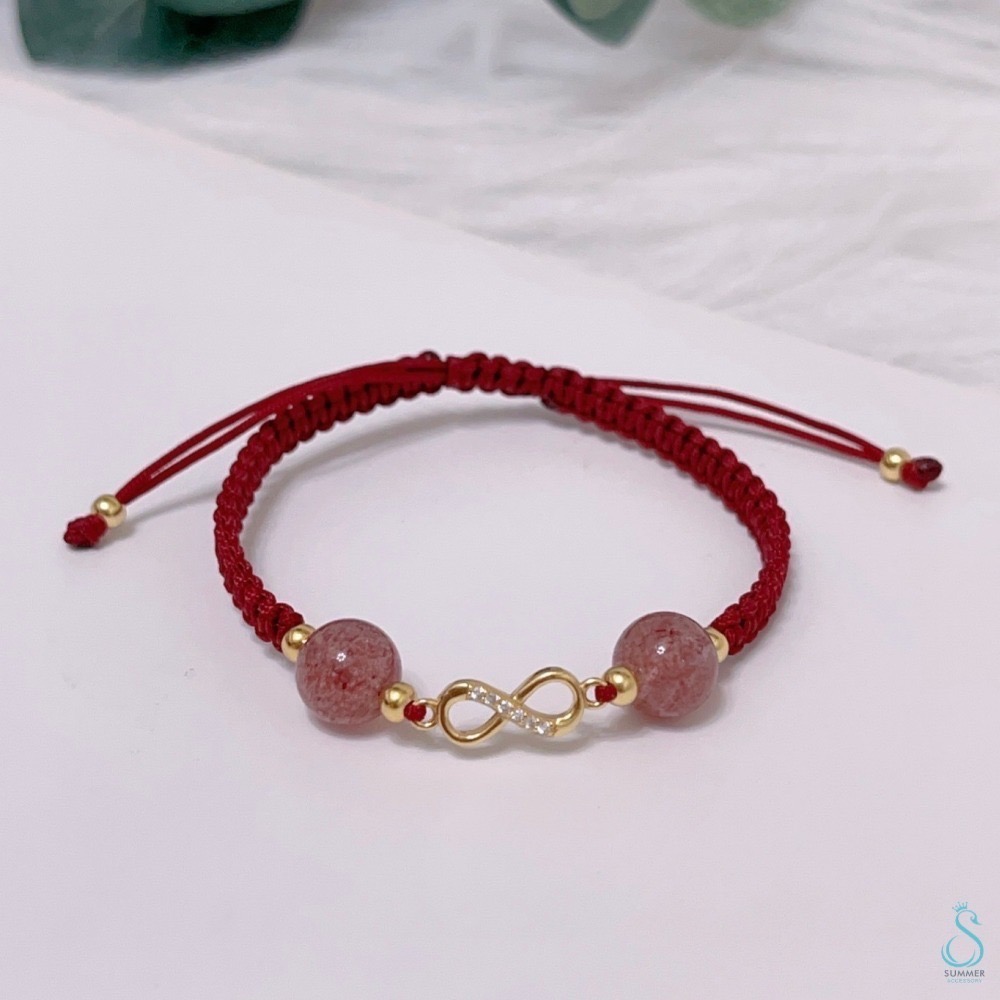 SUMMER 銀飾💫［925純銀］🇯🇵日本東京淺草寺 過爐加持祈福 草莓晶&無限符號✨幸福無限✨幸運紅繩  純銀手-細節圖4