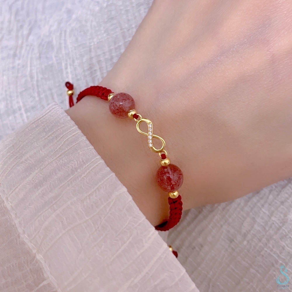 SUMMER 銀飾💫［925純銀］🇯🇵日本東京淺草寺 過爐加持祈福 草莓晶&無限符號✨幸福無限✨幸運紅繩  純銀手-細節圖2