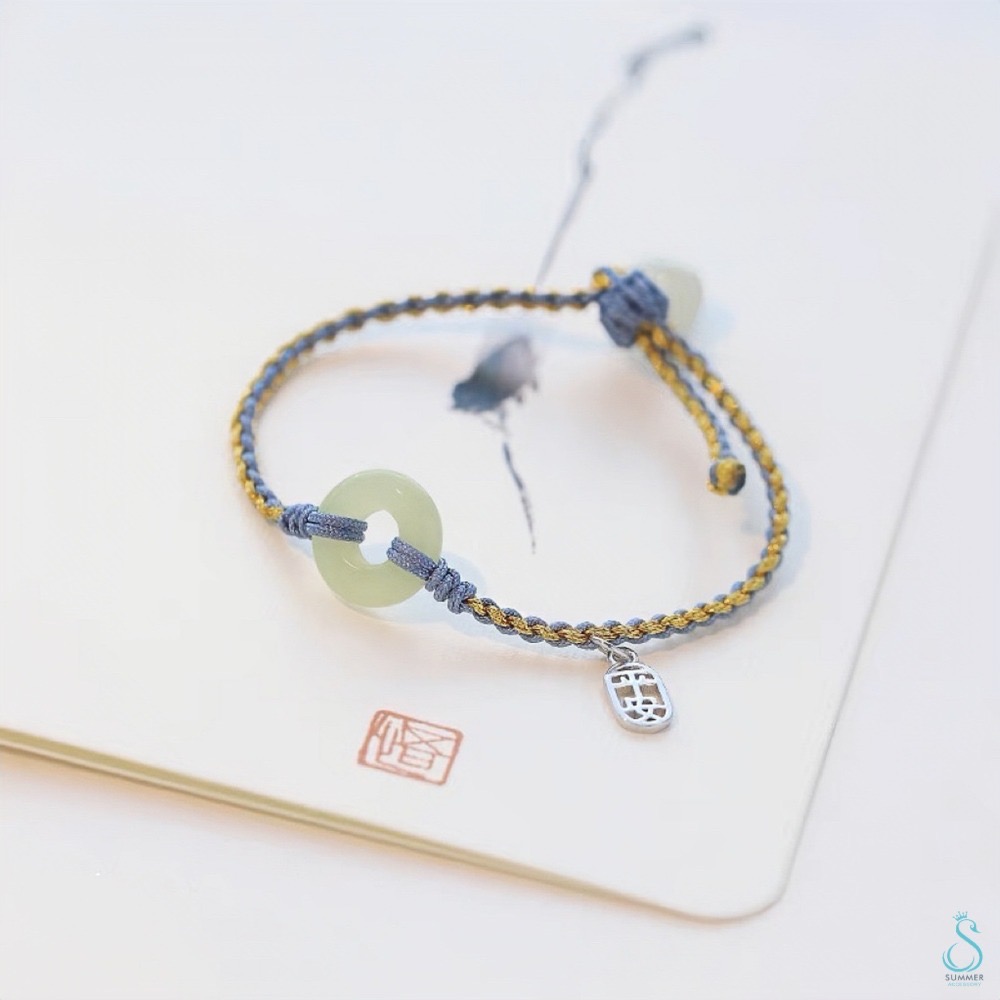 SUMMER 銀飾💫［925純銀］小圓滿天然和田玉平安扣手繩 純手工編織 純銀手鏈-細節圖7