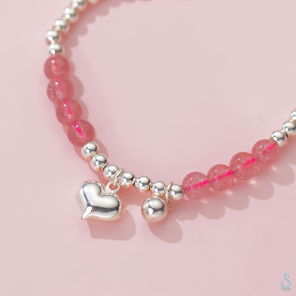 SUMMER 銀飾💫［925純銀］天然草莓晶愛心墜飾純銀手鏈 純銀飾品 晶石能量手鏈-細節圖4