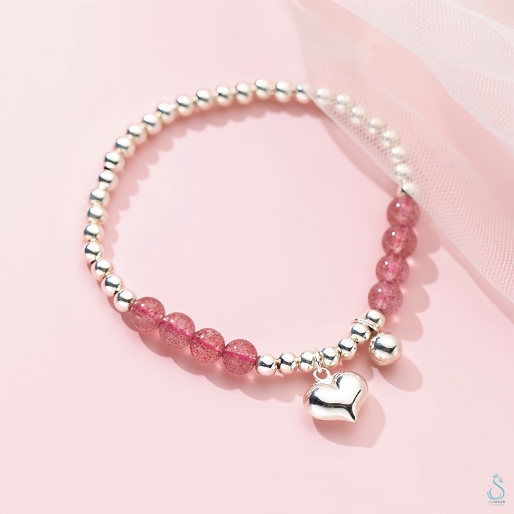 SUMMER 銀飾💫［925純銀］天然草莓晶愛心墜飾純銀手鏈 純銀飾品 晶石能量手鏈-細節圖6