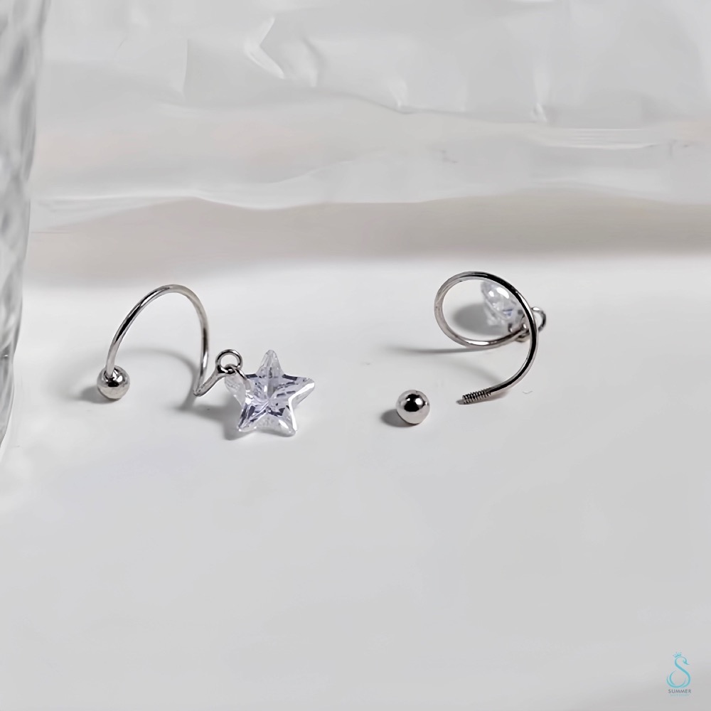 SUMMER 銀飾💫［925純銀］⭐️多變化星鑽耳繞螺紋轉珠耳環 鎖珠式耳環 純銀耳環 純銀飾品-細節圖7