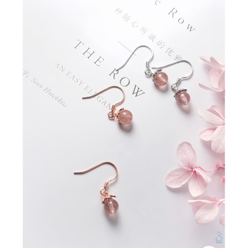 SUMMER 銀飾💫［925純銀］幸福愛情 好人緣 天然草莓晶花托耳勾耳環 純銀耳環-細節圖3