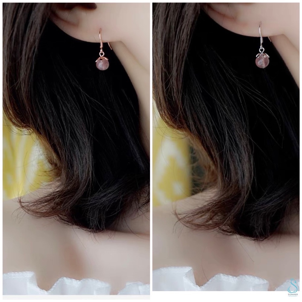 SUMMER 銀飾💫［925純銀］幸福愛情 好人緣 天然草莓晶花托耳勾耳環 純銀耳環-細節圖8