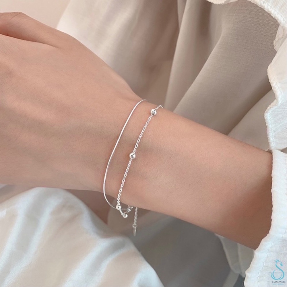 SUMMER 銀飾💫［925純銀］簡約百搭 素鏈銀珠 雙層手鏈  純銀手鍊 純銀飾品 銀手鏈-細節圖2