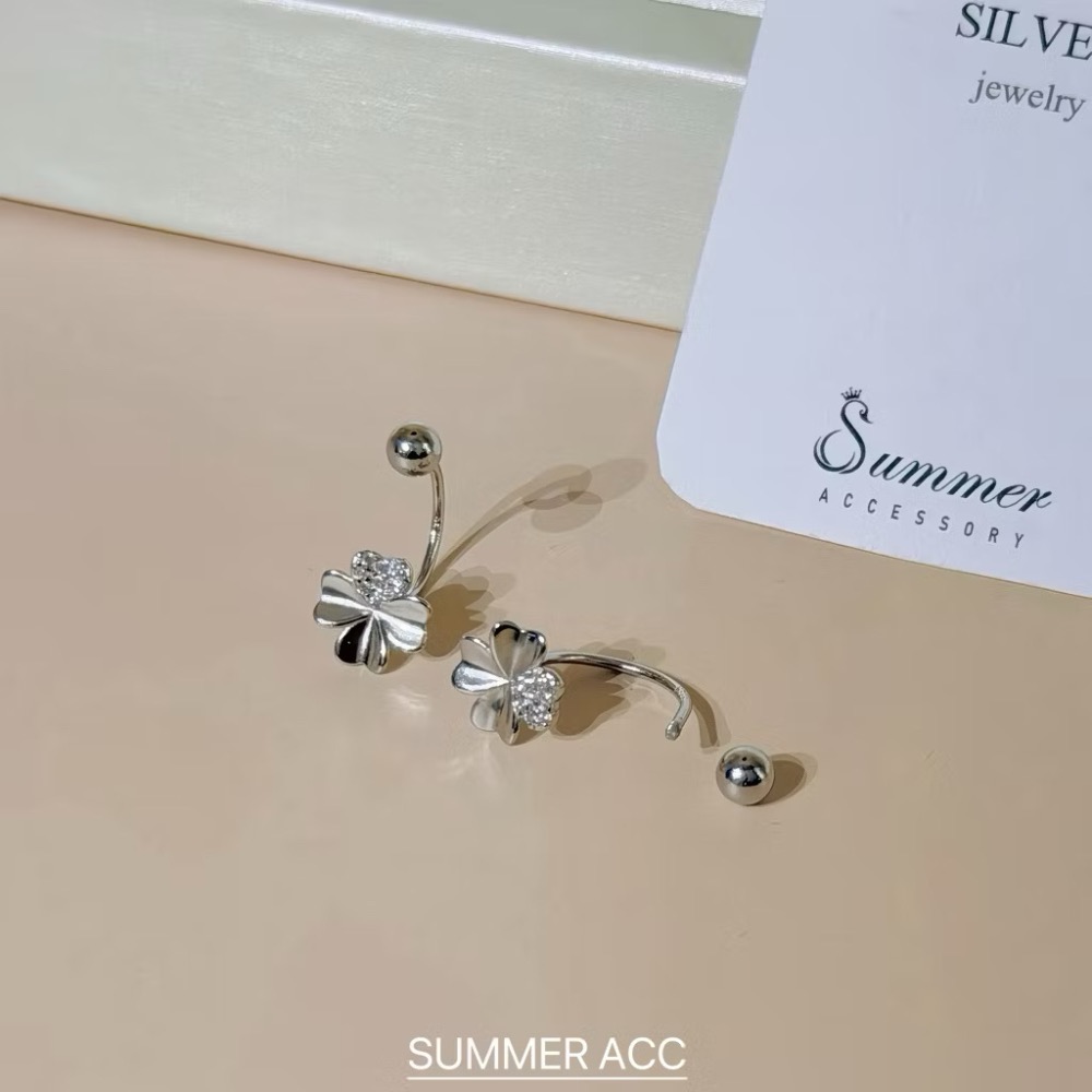 SUMMER 銀飾💫［S925銀］幸運草轉珠耳環 鎖珠式耳環 C型耳環 純銀耳環 純銀飾品-細節圖2