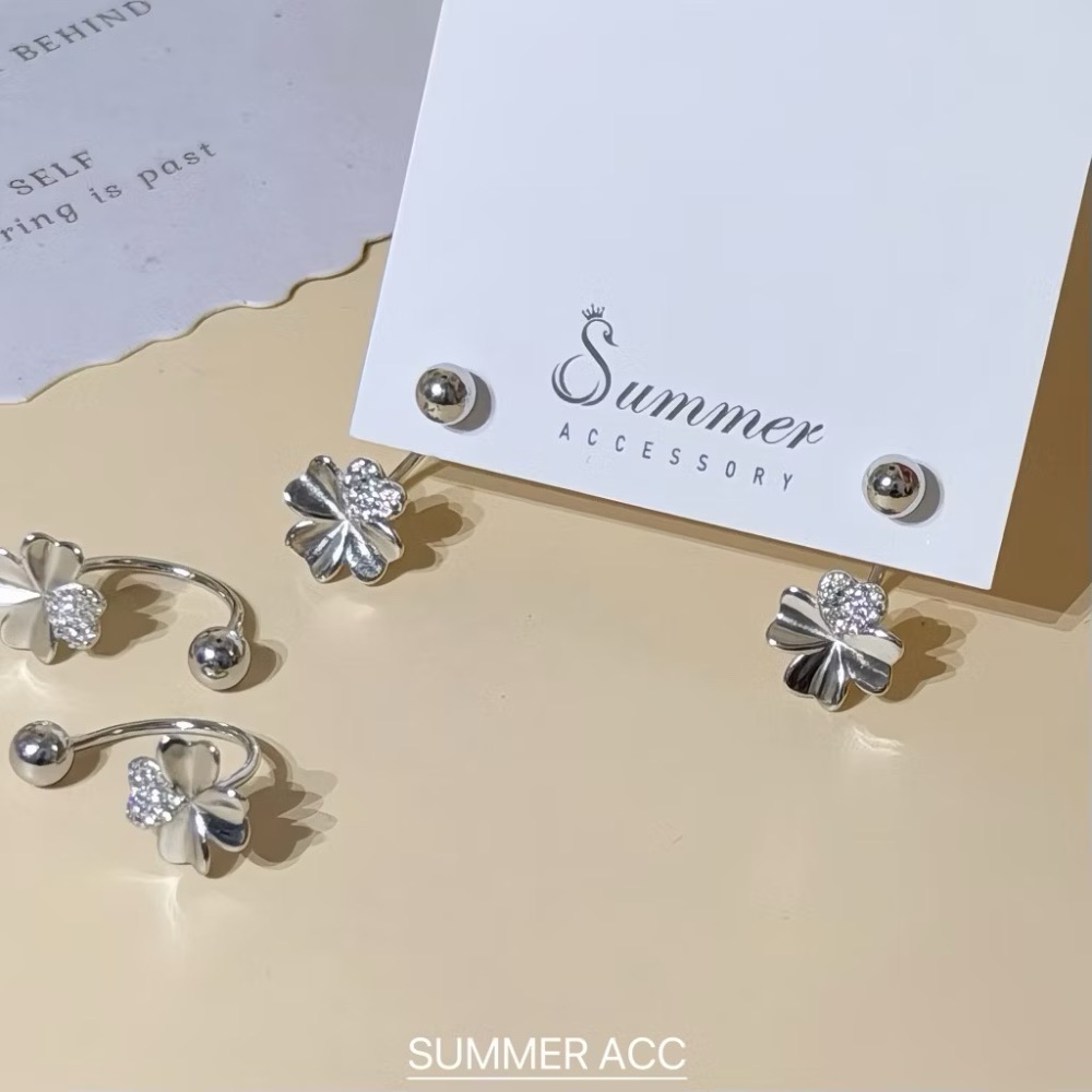 SUMMER 銀飾💫［S925銀］幸運草轉珠耳環 鎖珠式耳環 C型耳環 純銀耳環 純銀飾品-細節圖3