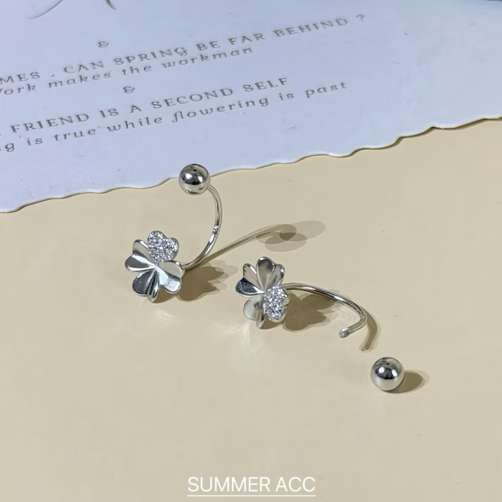 SUMMER 銀飾💫［S925銀］幸運草轉珠耳環 鎖珠式耳環 C型耳環 純銀耳環 純銀飾品-細節圖5