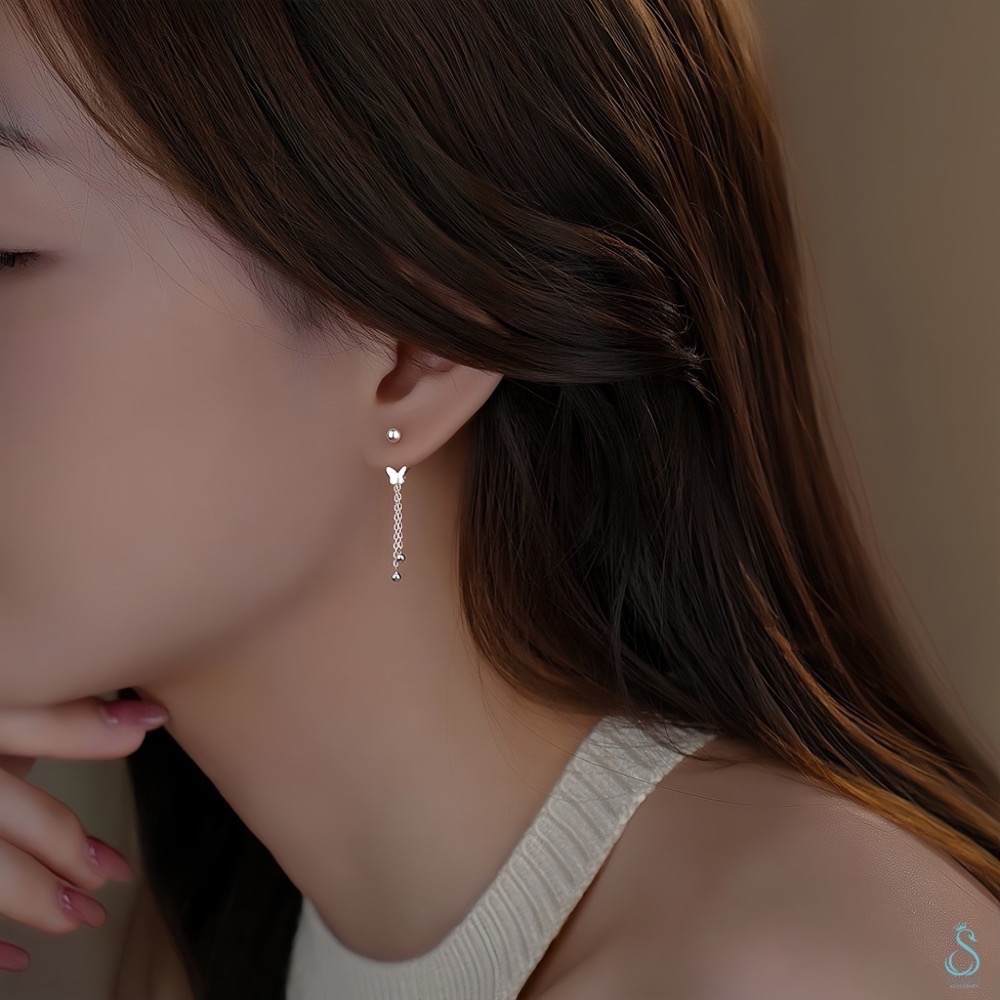 SUMMER 銀飾💫［999足銀］蝴蝶墜鏈轉珠耳環 鎖珠式耳環 純銀耳環 純銀飾品-細節圖9