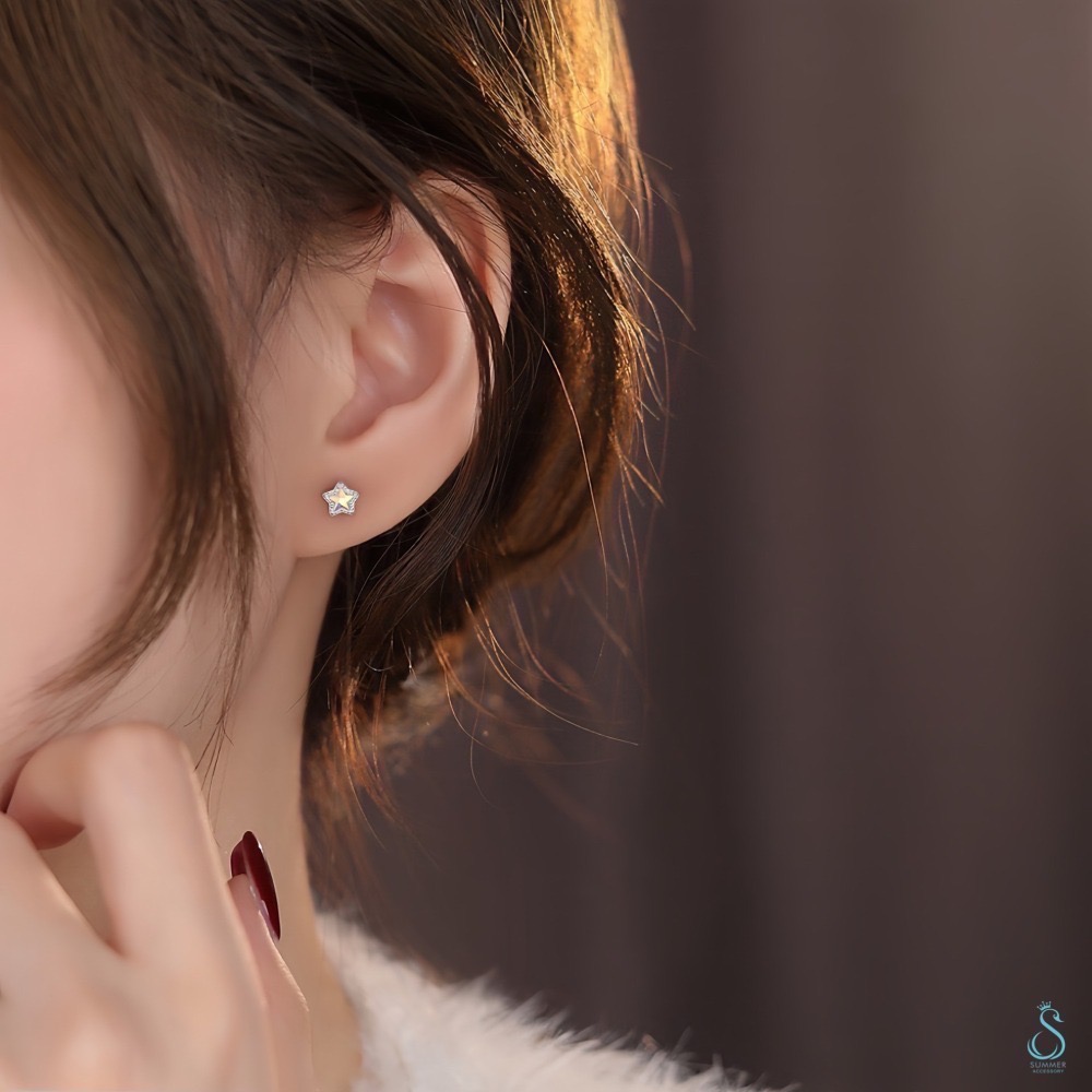 SUMMER 銀飾💫［999足銀］精巧星星鎖珠式耳環 五角星耳環 純銀耳環 純銀飾品-細節圖4