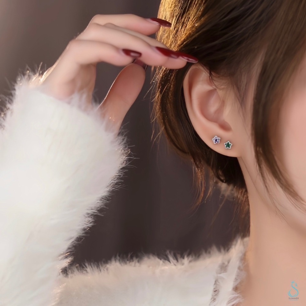 SUMMER 銀飾💫［999足銀］精巧星星鎖珠式耳環 五角星耳環 純銀耳環 純銀飾品-細節圖5