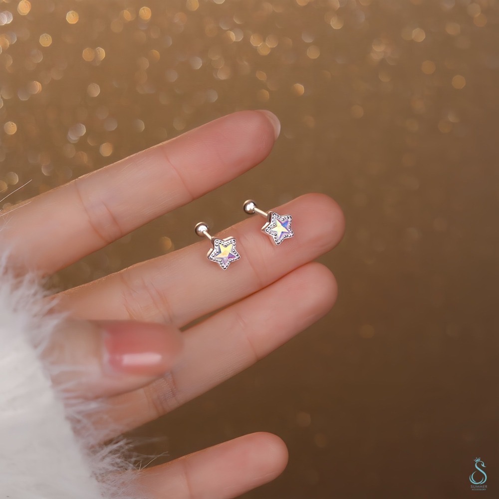 SUMMER 銀飾💫［999足銀］精巧星星鎖珠式耳環 五角星耳環 純銀耳環 純銀飾品-細節圖6
