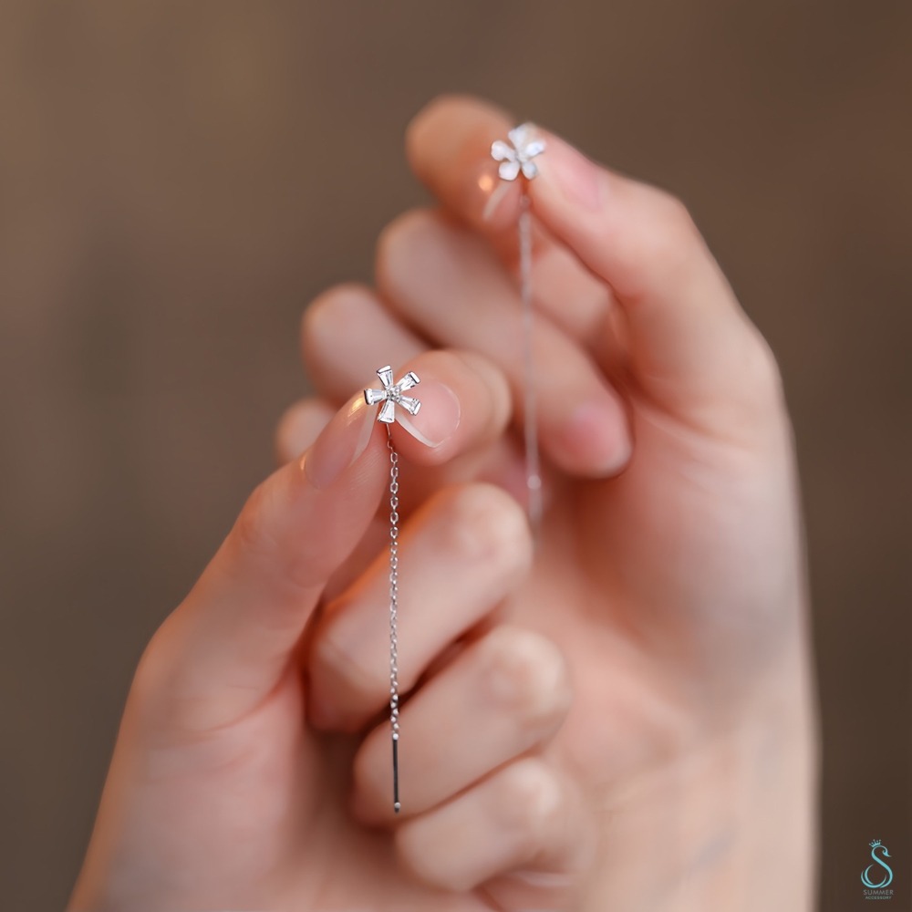 SUMMER 銀飾💫［925純銀］花鑽流蘇耳線 長耳線 純銀耳環-細節圖3