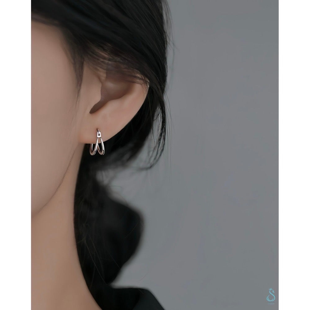SUMMER 銀飾💫［925純銀］簡約雙層線條耳環 易扣式耳環 耳扣 純銀耳環-細節圖2