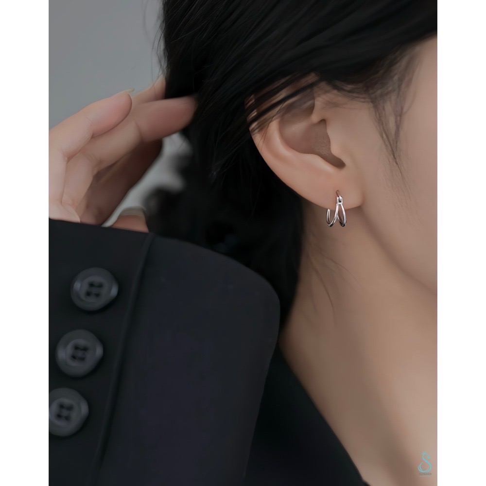 SUMMER 銀飾💫［925純銀］簡約雙層線條耳環 易扣式耳環 耳扣 純銀耳環-細節圖3