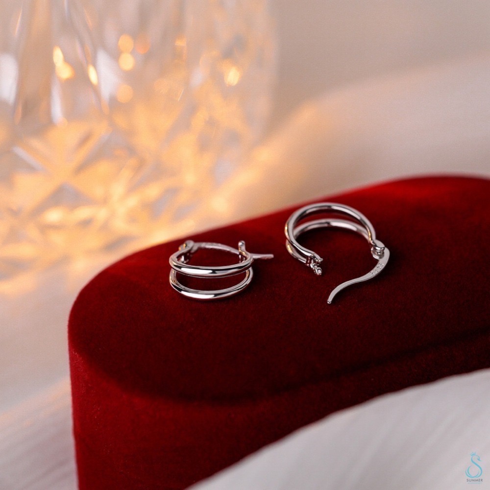 SUMMER 銀飾💫［925純銀］簡約雙層線條耳環 易扣式耳環 耳扣 純銀耳環-細節圖4