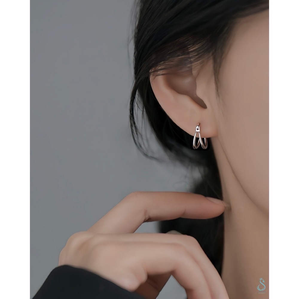 SUMMER 銀飾💫［925純銀］簡約雙層線條耳環 易扣式耳環 耳扣 純銀耳環-細節圖6