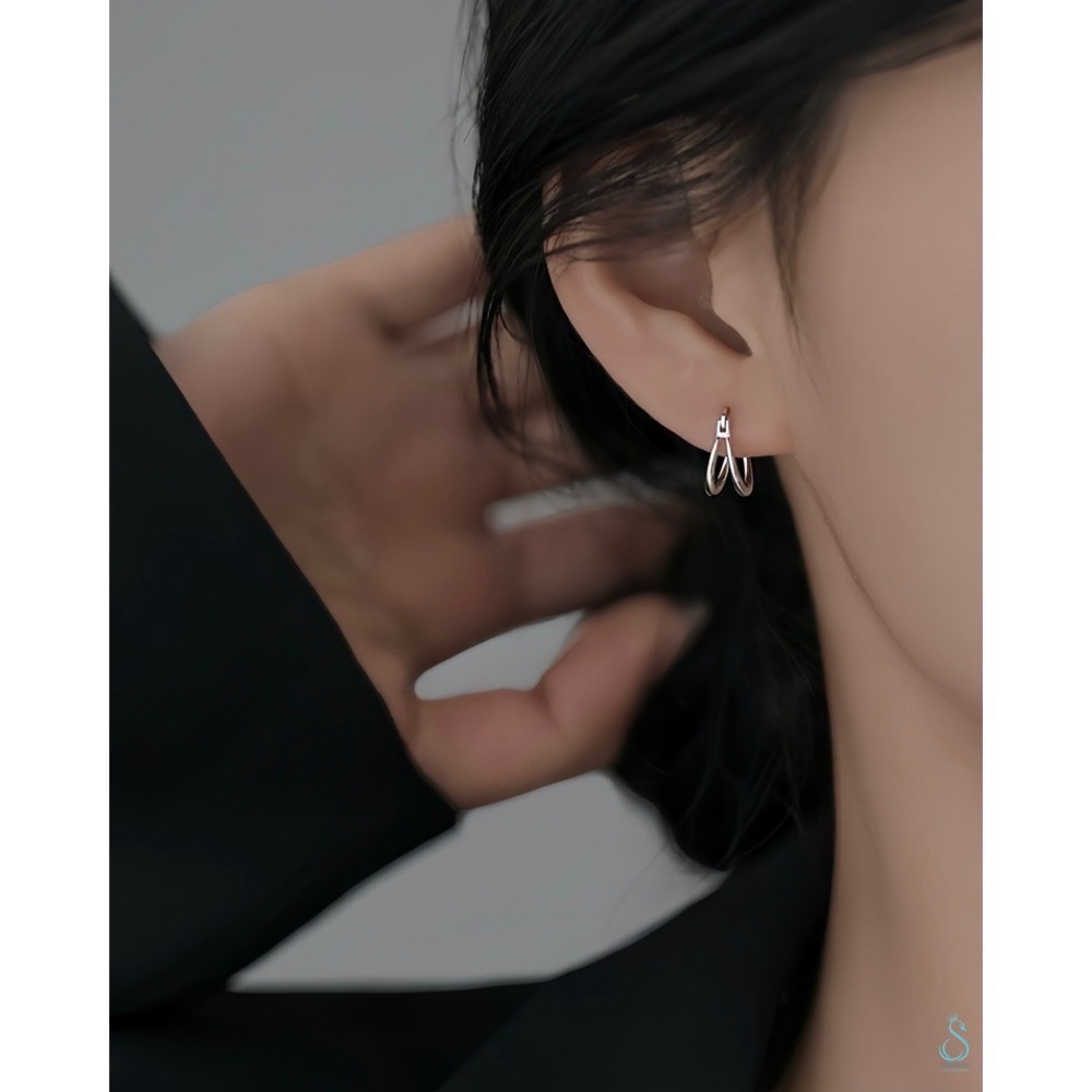 SUMMER 銀飾💫［925純銀］簡約雙層線條耳環 易扣式耳環 耳扣 純銀耳環-細節圖7