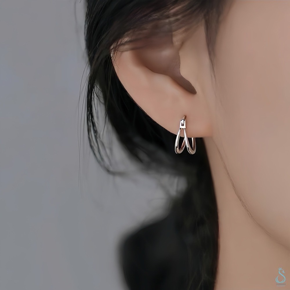 SUMMER 銀飾💫［925純銀］簡約雙層線條耳環 易扣式耳環 耳扣 純銀耳環-細節圖9
